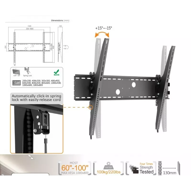 Equip 650322 TV laikiklis lenktam televizoriui, 60–100 colių, pasvirantis