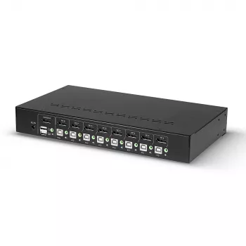 Lindy 8 prievadų DisplayPort 1.2, USB 2.0 ir garso KVM jungiklis, 3840 x 2160 pikselių, 4K Ultra HD, montavimui į stovą, 1U, juodas
