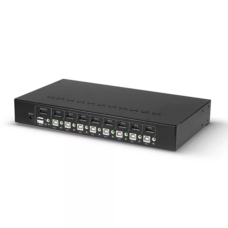 Lindy 8 prievadų DisplayPort 1.2, USB 2.0 ir garso KVM jungiklis, 3840 x 2160 pikselių, 4K Ultra HD, montavimui į stovą, 1U, juodas