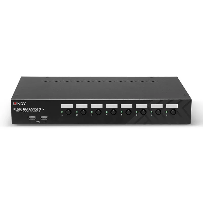 Lindy 8 prievadų DisplayPort 1.2, USB 2.0 ir garso KVM jungiklis, 3840 x 2160 pikselių, 4K Ultra HD, montavimui į stovą, 1U, juodas