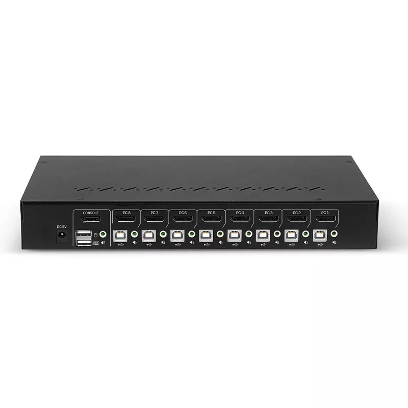 Lindy 8 prievadų DisplayPort 1.2, USB 2.0 ir garso KVM jungiklis, 3840 x 2160 pikselių, 4K Ultra HD, montavimui į stovą, 1U, juodas