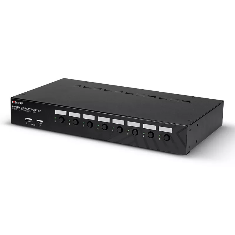Lindy 8 prievadų DisplayPort 1.2, USB 2.0 ir garso KVM jungiklis, 3840 x 2160 pikselių, 4K Ultra HD, montavimui į stovą, 1U, juodas