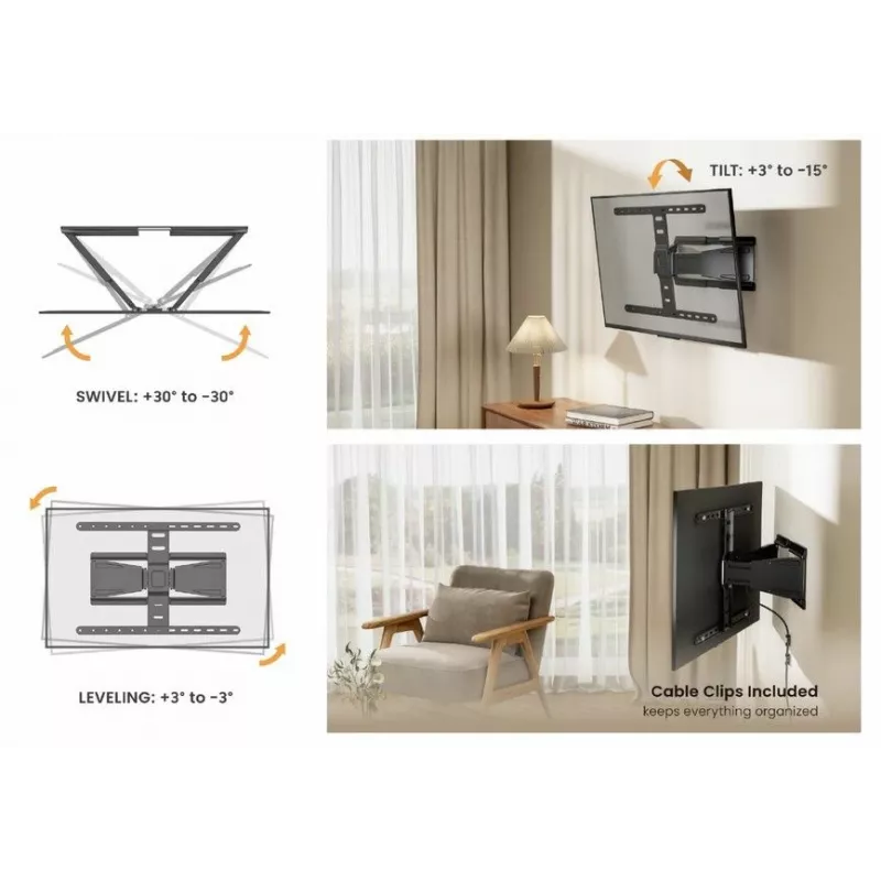 Equip 650344 Ultra-plonas pilno judesio TV laikiklis sieniniam 43-90 colių televizoriui