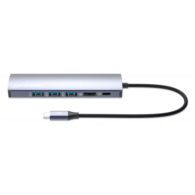 Manhattan 6-in-1 USB-C dokas / centrinė stotis – Ethernet, HDMI, USB-A (x3), USB-C su Power Delivery 100W