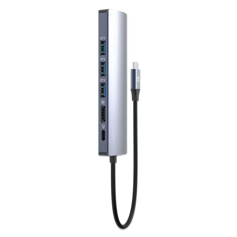 Manhattan 6-in-1 USB-C dokas / centrinė stotis – Ethernet, HDMI, USB-A (x3), USB-C su Power Delivery 100W