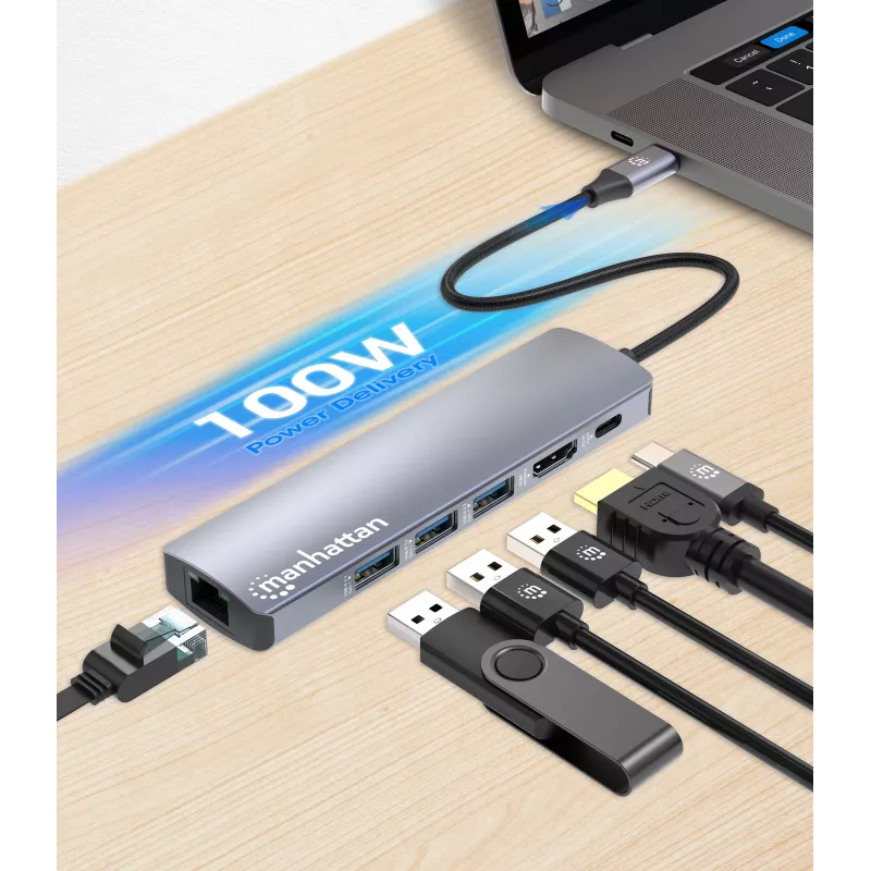 Manhattan 6-in-1 USB-C dokas / centrinė stotis – Ethernet, HDMI, USB-A (x3), USB-C su Power Delivery 100W