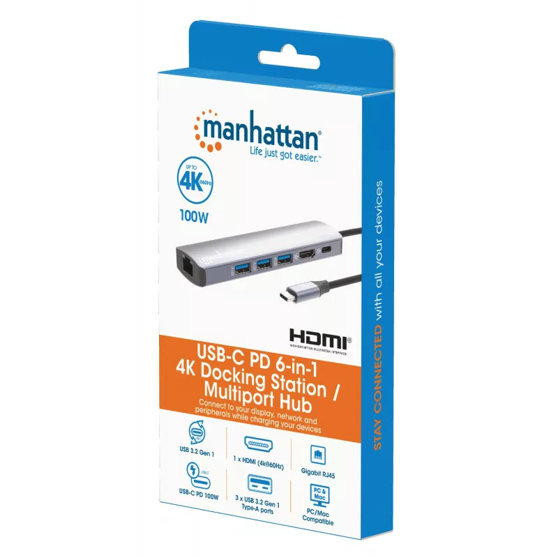 Manhattan 6-in-1 USB-C dokas / centrinė stotis – Ethernet, HDMI, USB-A (x3), USB-C su Power Delivery 100W