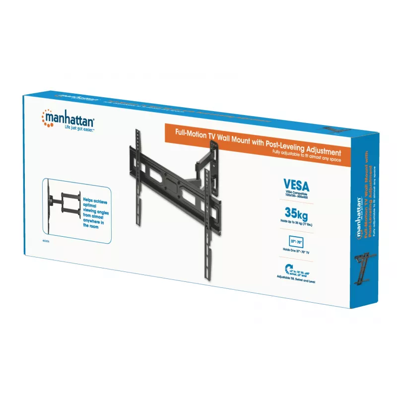 Manhattan pilno judesio TV ir monitorių laikiklis sieniniam montavimui, nuo 32 iki 65 colių, VESA 100x100–600x400 mm, juodas, iki 35 kg, viso naudojimo laiko garantija