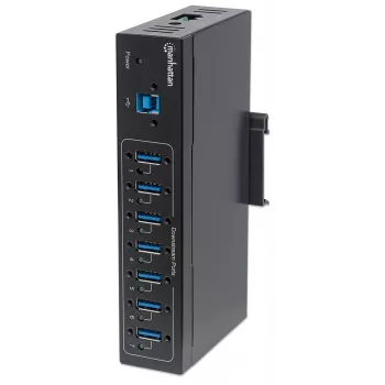 Manhattan USB-A 7 prievadų pramoninis USB mazgas, 7x USB-A, 5 Gbps (USB 3.2 Gen1), 20 kV ESD apsauga, maitinimas per A/C, magistralę ir gnybtų bloką, montavimas ant DIN bėgio ar sienos, metalinis korpusas, varžtų fiksavimas