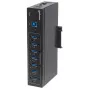 Manhattan USB-A 7 prievadų pramoninis USB mazgas, 7x USB-A, 5 Gbps (USB 3.2 Gen1), 20 kV ESD apsauga, maitinimas per A/C, magistralę ir gnybtų bloką, montavimas ant DIN bėgio ar sienos, metalinis korpusas, varžtų fiksavimas