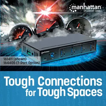 Manhattan USB-A 7 prievadų pramoninis USB mazgas, 7x USB-A, 5 Gbps (USB 3.2 Gen1), 20 kV ESD apsauga, maitinimas per A/C, magistralę ir gnybtų bloką, montavimas ant DIN bėgio ar sienos, metalinis korpusas, varžtų fiksavimas