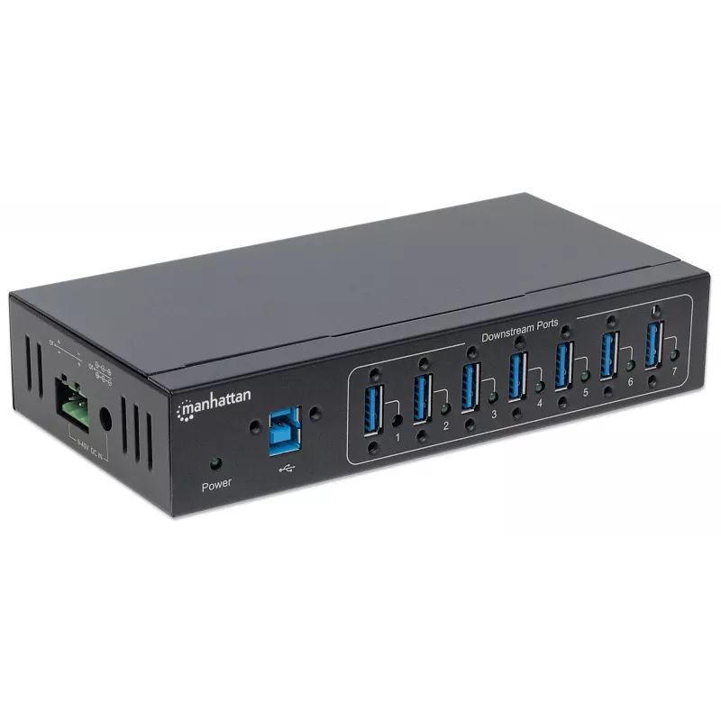 Manhattan USB-A 7 prievadų pramoninis USB mazgas, 7x USB-A, 5 Gbps (USB 3.2 Gen1), 20 kV ESD apsauga, maitinimas per A/C, magistralę ir gnybtų bloką, montavimas ant DIN bėgio ar sienos, metalinis korpusas, varžtų fiksavimas