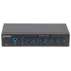 Manhattan USB-A 7 prievadų pramoninis USB mazgas, 7x USB-A, 5 Gbps (USB 3.2 Gen1), 20 kV ESD apsauga, maitinimas per A/C, magistralę ir gnybtų bloką, montavimas ant DIN bėgio ar sienos, metalinis korpusas, varžtų fiksavimas