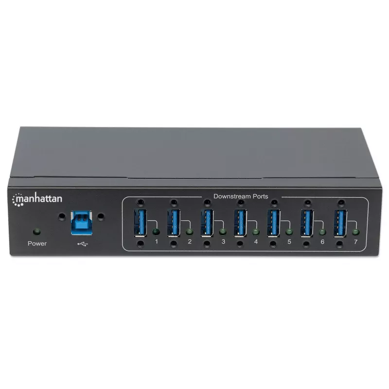 Manhattan USB-A 7 prievadų pramoninis USB mazgas, 7x USB-A, 5 Gbps (USB 3.2 Gen1), 20 kV ESD apsauga, maitinimas per A/C, magistralę ir gnybtų bloką, montavimas ant DIN bėgio ar sienos, metalinis korpusas, varžtų fiksavimas