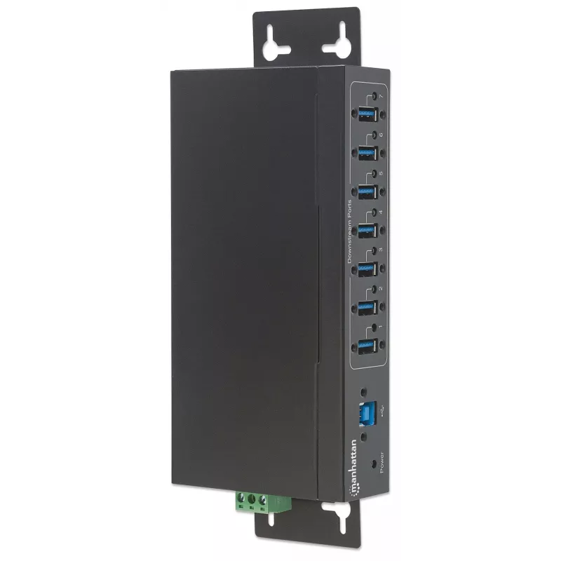 Manhattan USB-A 7 prievadų pramoninis USB mazgas, 7x USB-A, 5 Gbps (USB 3.2 Gen1), 20 kV ESD apsauga, maitinimas per A/C, magistralę ir gnybtų bloką, montavimas ant DIN bėgio ar sienos, metalinis korpusas, varžtų fiksavimas