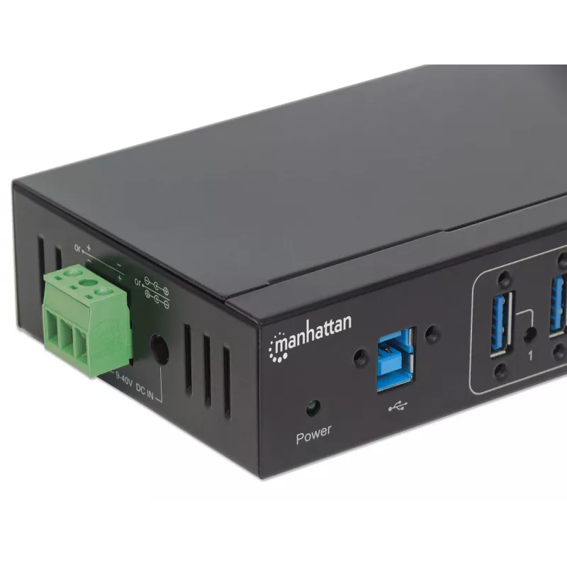 Manhattan USB-A 7 prievadų pramoninis USB mazgas, 7x USB-A, 5 Gbps (USB 3.2 Gen1), 20 kV ESD apsauga, maitinimas per A/C, magistralę ir gnybtų bloką, montavimas ant DIN bėgio ar sienos, metalinis korpusas, varžtų fiksavimas