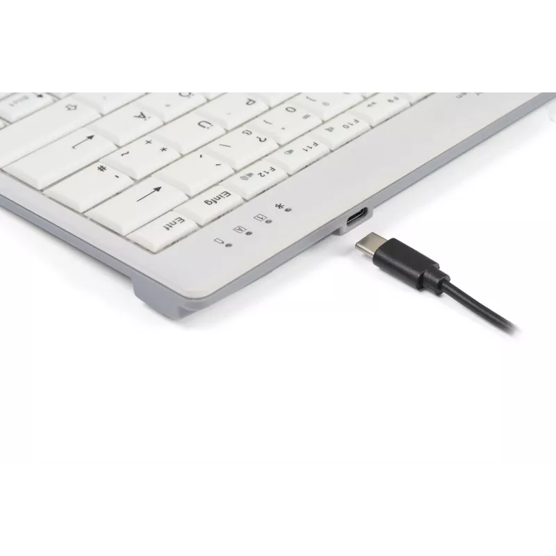 BakkerElkhuizen UltraBoard 950 V2 Wireless UK Qwerty, belaidė klaviatūra be skaičių bloko, 80-87%, laidinis ir belaidis, USB + Bluetooth, žirklinis mechanizmas, QWERTY, tamsiai pilka, šviesiai pilka