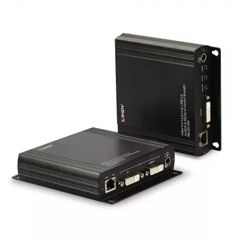 Lindy 140m Cat.6 DVI-D, USB, garso ir RS-232 KVM praplėtimo rinkinys, siųstuvas ir imtuvas, laidinis, 140 m, Cat6, 60 Hz, juoda