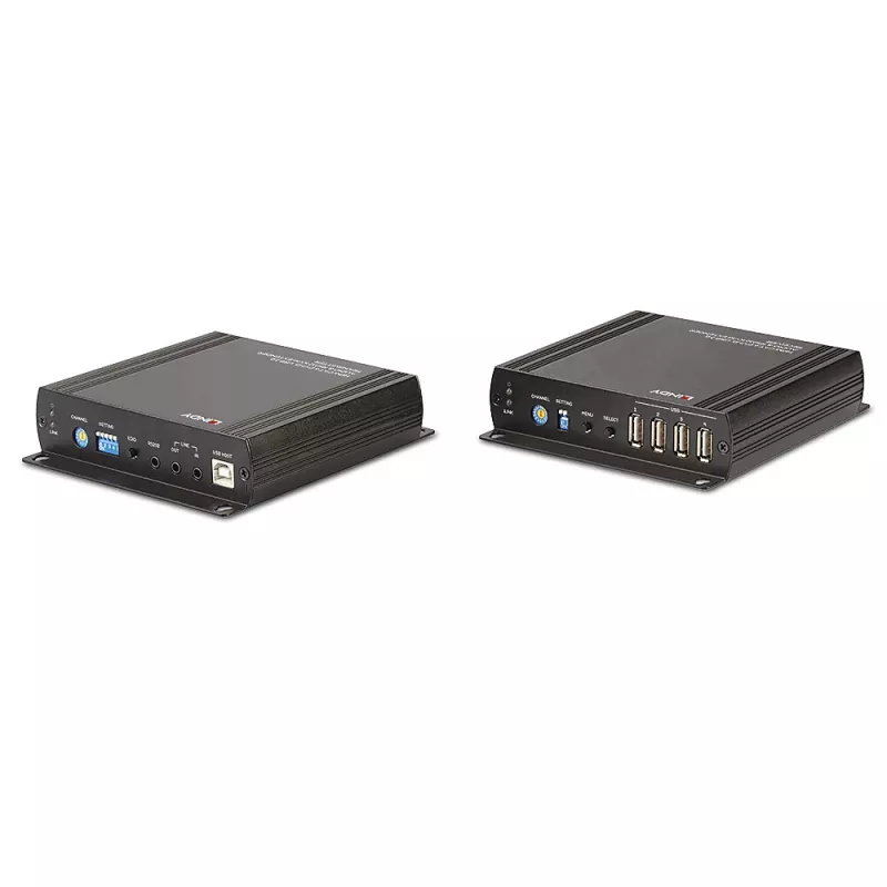 Lindy 140m Cat.6 DVI-D, USB, garso ir RS-232 KVM praplėtimo rinkinys, siųstuvas ir imtuvas, laidinis, 140 m, Cat6, 60 Hz, juoda