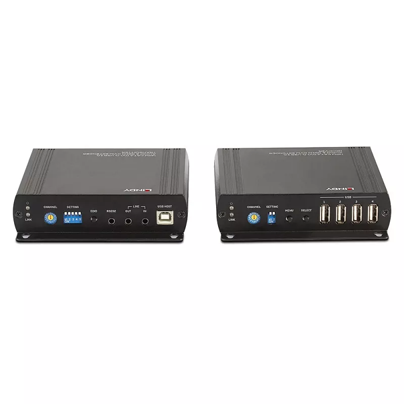 Lindy 140m Cat.6 DVI-D, USB, garso ir RS-232 KVM praplėtimo rinkinys, siųstuvas ir imtuvas, laidinis, 140 m, Cat6, 60 Hz, juoda