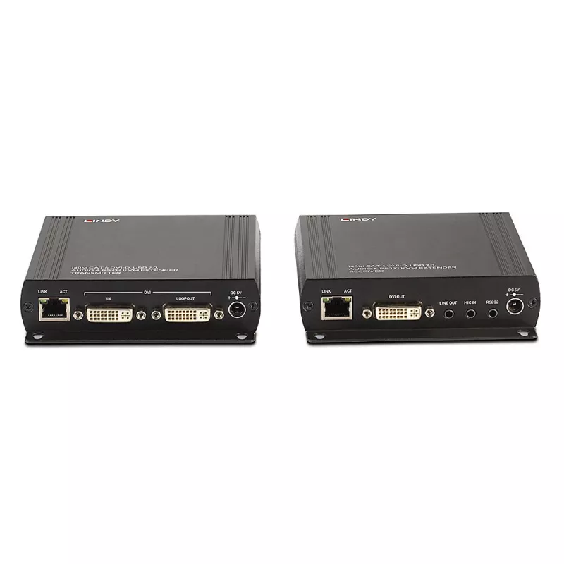 Lindy 140m Cat.6 DVI-D, USB, garso ir RS-232 KVM praplėtimo rinkinys, siųstuvas ir imtuvas, laidinis, 140 m, Cat6, 60 Hz, juoda