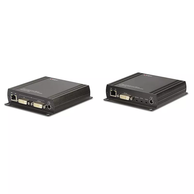 Lindy 140m Cat.6 DVI-D, USB, garso ir RS-232 KVM praplėtimo rinkinys, siųstuvas ir imtuvas, laidinis, 140 m, Cat6, 60 Hz, juoda