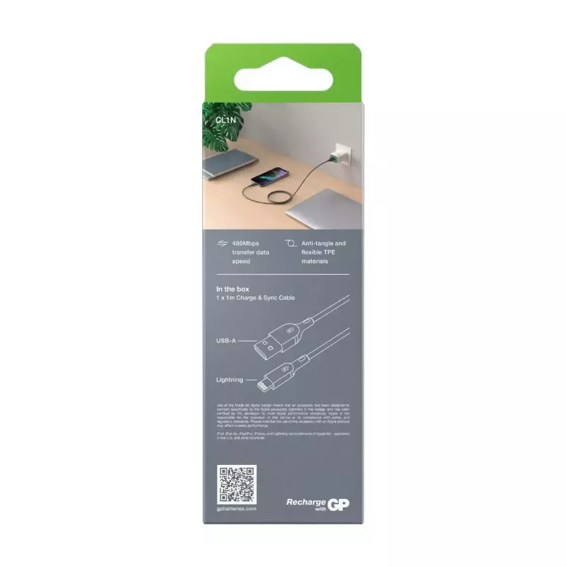 Kabelis GP Batteries CL1N 1m Lightning į USB A 12W 2.4A