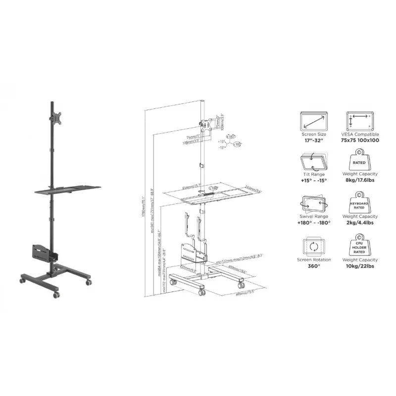 Mobilus multimedijos vežimėlis Equip 17-32 colių monitoriui