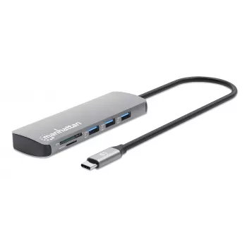 Manhattan USB-C Dock/Hub su kortelių skaitytuvu, 7 prievadai: Ethernet, HDMI, USB-A (x3) ir USB-C (x2), su Power Delivery (PD) 100W – reikalingas išorinis USB-C įkroviklis (neįtrauktas). Maitinamas per USB (nereikia išorinio maitinimo šaltinio), kai PD ne
