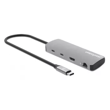 Manhattan USB-C Dock/Hub su kortelių skaitytuvu, 7 prievadai: Ethernet, HDMI, USB-A (x3) ir USB-C (x2), su Power Delivery (PD) 100W – reikalingas išorinis USB-C įkroviklis (neįtrauktas). Maitinamas per USB (nereikia išorinio maitinimo šaltinio), kai PD ne