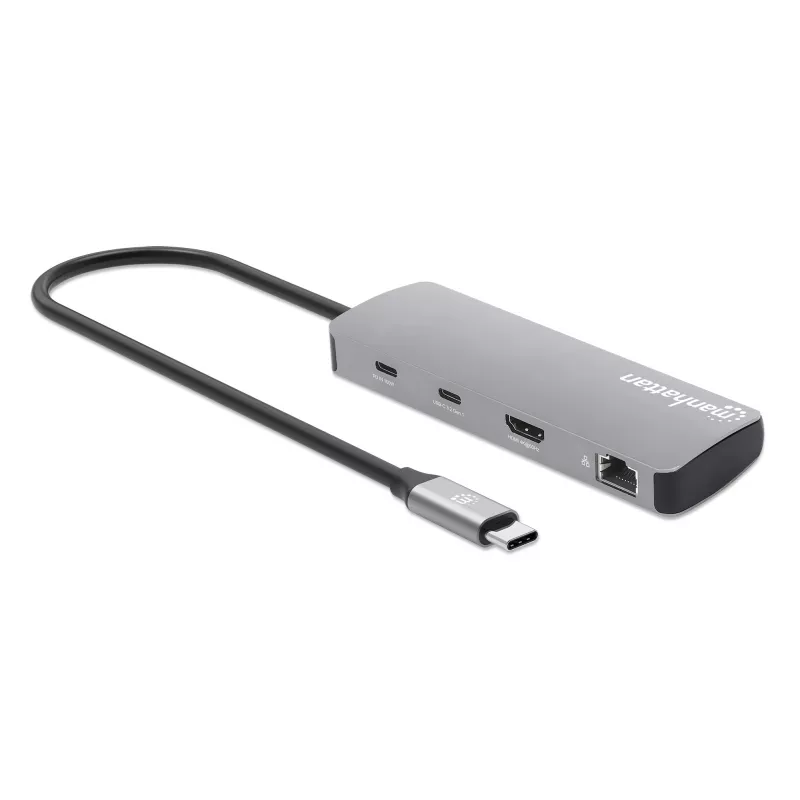 Manhattan USB-C Dock/Hub su kortelių skaitytuvu, 7 prievadai: Ethernet, HDMI, USB-A (x3) ir USB-C (x2), su Power Delivery (PD) 100W – reikalingas išorinis USB-C įkroviklis (neįtrauktas). Maitinamas per USB (nereikia išorinio maitinimo šaltinio), kai PD ne