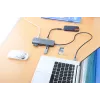 Manhattan USB-C Dock/Hub su kortelių skaitytuvu, 7 prievadai: Ethernet, HDMI, USB-A (x3) ir USB-C (x2), su Power Delivery (PD) 100W – reikalingas išorinis USB-C įkroviklis (neįtrauktas). Maitinamas per USB (nereikia išorinio maitinimo šaltinio), kai PD ne