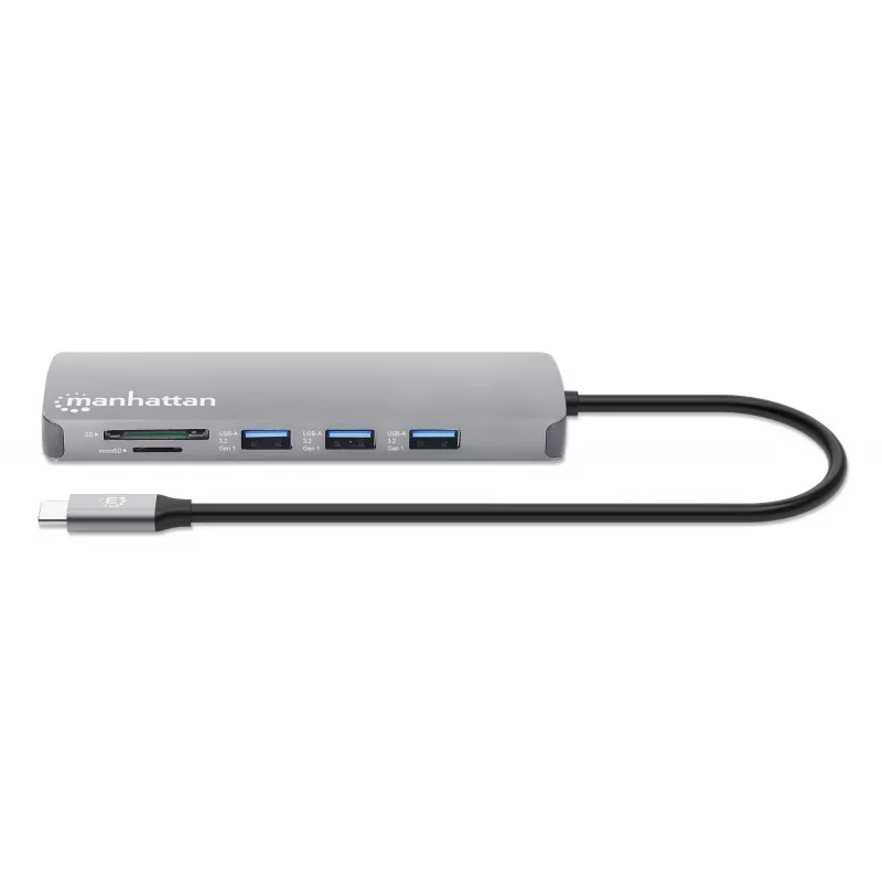 Manhattan USB-C Dock/Hub su kortelių skaitytuvu, 7 prievadai: Ethernet, HDMI, USB-A (x3) ir USB-C (x2), su Power Delivery (PD) 100W – reikalingas išorinis USB-C įkroviklis (neįtrauktas). Maitinamas per USB (nereikia išorinio maitinimo šaltinio), kai PD ne