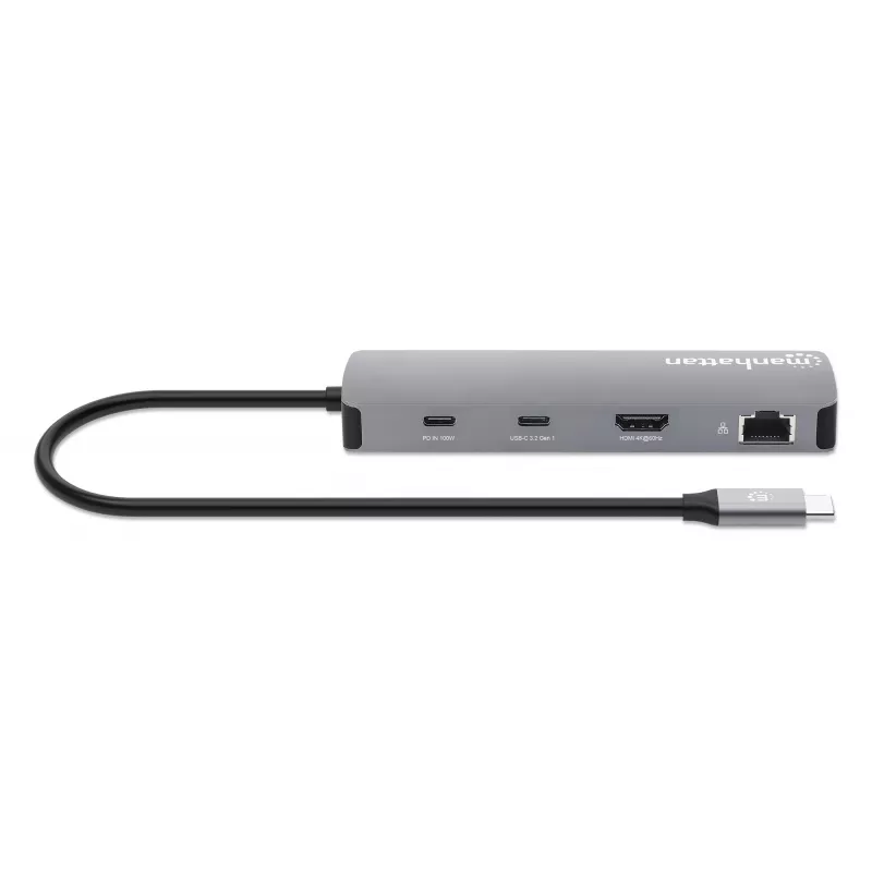 Manhattan USB-C Dock/Hub su kortelių skaitytuvu, 7 prievadai: Ethernet, HDMI, USB-A (x3) ir USB-C (x2), su Power Delivery (PD) 100W – reikalingas išorinis USB-C įkroviklis (neįtrauktas). Maitinamas per USB (nereikia išorinio maitinimo šaltinio), kai PD ne