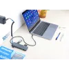 Manhattan USB-C Dock/Hub su kortelių skaitytuvu, 7 prievadai: Ethernet, HDMI, USB-A (x3) ir USB-C (x2), su Power Delivery (PD) 100W – reikalingas išorinis USB-C įkroviklis (neįtrauktas). Maitinamas per USB (nereikia išorinio maitinimo šaltinio), kai PD ne