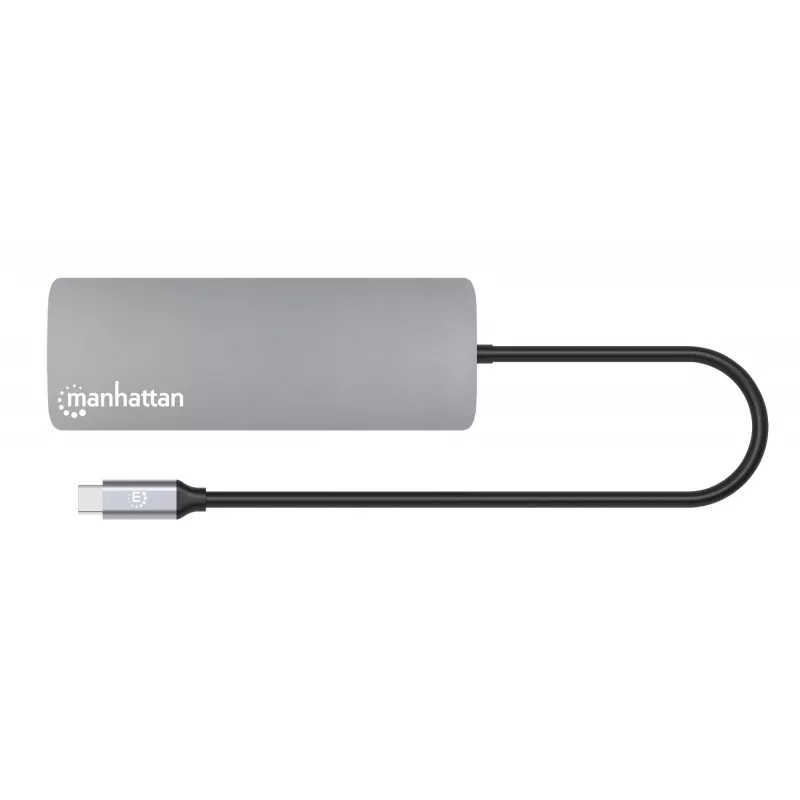 Manhattan USB-C Dock/Hub su kortelių skaitytuvu, 7 prievadai: Ethernet, HDMI, USB-A (x3) ir USB-C (x2), su Power Delivery (PD) 100W – reikalingas išorinis USB-C įkroviklis (neįtrauktas). Maitinamas per USB (nereikia išorinio maitinimo šaltinio), kai PD ne