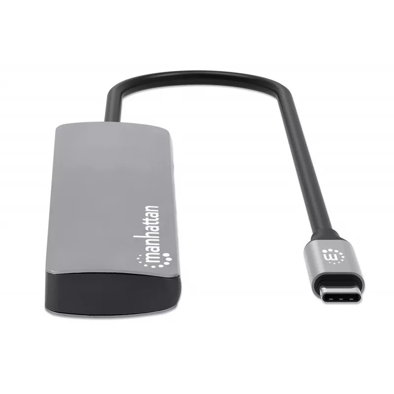 Manhattan USB-C Dock/Hub su kortelių skaitytuvu, 7 prievadai: Ethernet, HDMI, USB-A (x3) ir USB-C (x2), su Power Delivery (PD) 100W – reikalingas išorinis USB-C įkroviklis (neįtrauktas). Maitinamas per USB (nereikia išorinio maitinimo šaltinio), kai PD ne