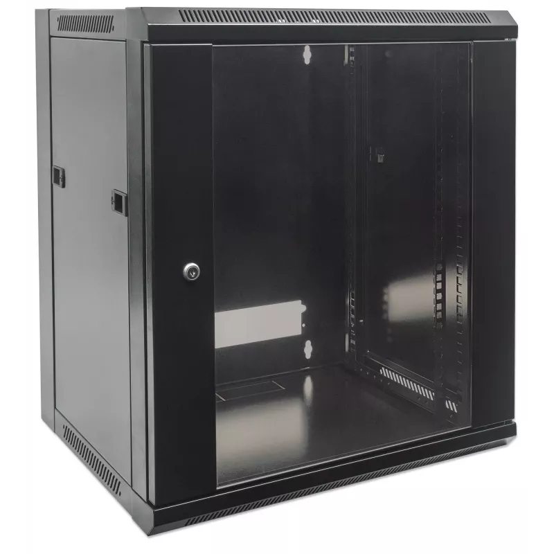 Intellinet 19 colių tinklo spintelė - sieninė (standartinė), 15U, 450mm gylio, juoda, surenkama, maks. 60kg, metalinės ir stiklo durelės, galinė plokštė, nuimami šonai, tinka naudoti ant stalo ar grindų, naudingasis gylis nuo 260mm iki 350mm, sieninio mon