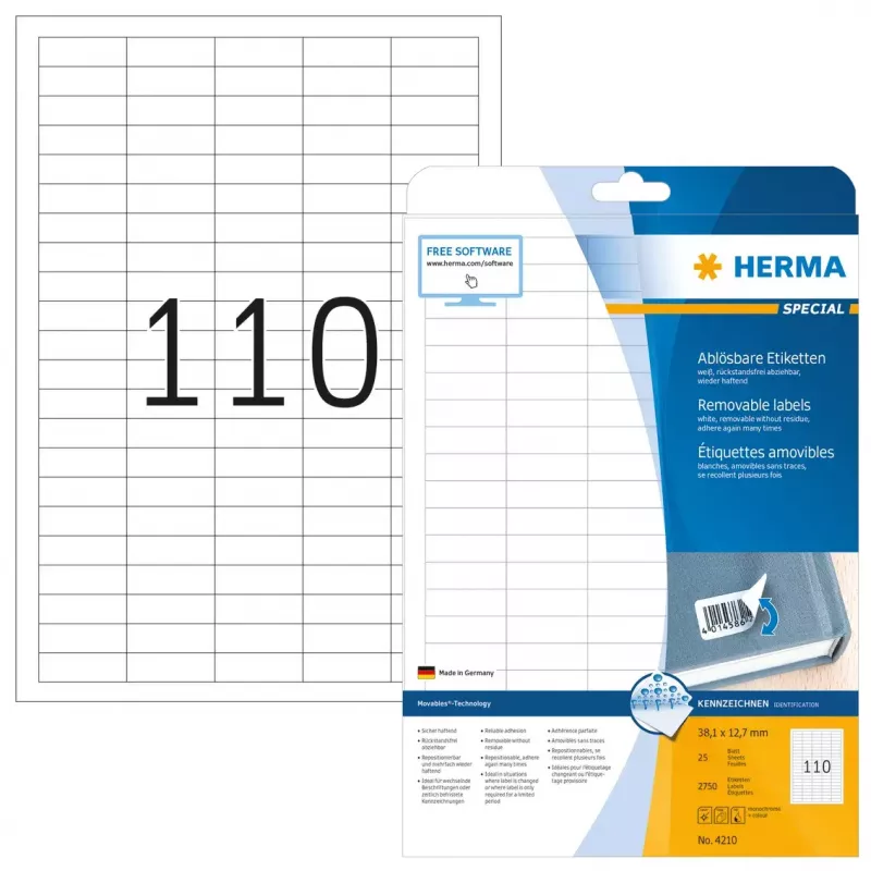 Lipnūs etikečių lapai HERMA nuimamos etiketės A4 38,1x12,7 mm