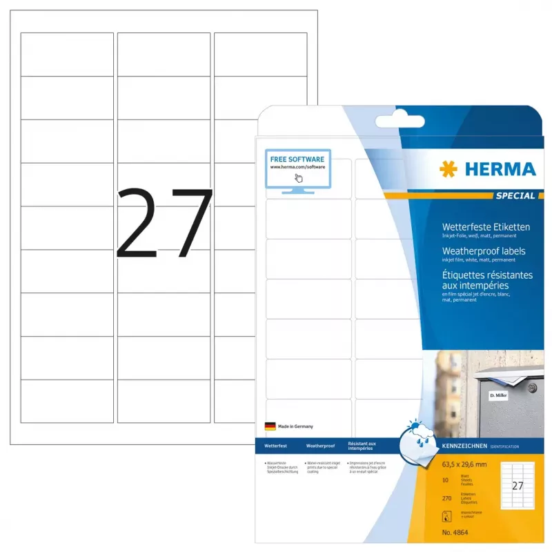 Lipnios etiketės HERMA A4 63,5x29,6 mm balta matinė plėvelė atspari orui 270 vnt.