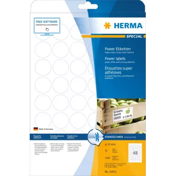 Lipnios etiketės A4 HERMA Ø 30 mm apvalios baltos ypač stiprus sukibimas 1200 vnt.