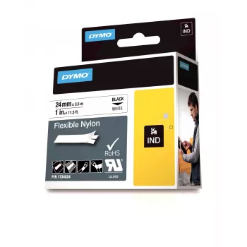 DYMO IND Flexible Nylon juosta – lanksti nailono etikečių juosta, juoda ant baltos, 2,4 cm × 3,5 m