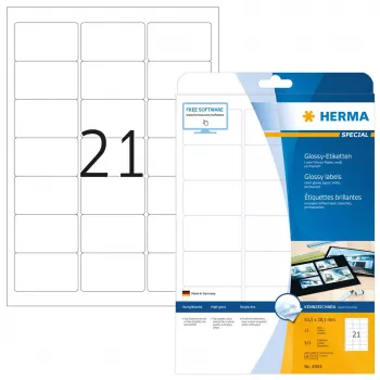 Lipnūs etikečių lapai HERMA A4 63,5x38,1 mm balta blizgiu popieriumi 525 vnt.