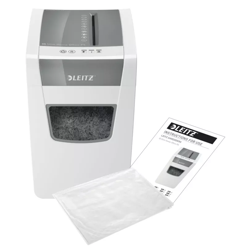 Smulkintuvas Leitz IQ Slim Home Office P4, kryžminis pjovimas, 22 cm, 4 x 28 mm, 23 l, 225 lapų, 58 dB