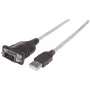 Manhattan USB-A į Serial keitiklio kabelis, 1,8 m, Vyriškas į Vyrišką, Serial/RS232/COM/DB9, Prolific PL-2303RA lustas, Juodas/Sidabrinis kabelis, Trejų metų garantija
