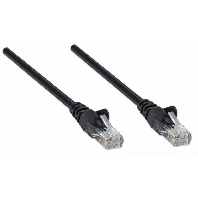 Intellinet tinklo jungiamasis kabelis, Cat5e, 10 m, juodas, CCA, U/UTP, PVC, RJ45, paauksuoti kontaktai, su apsauga nuo užkabinimo, su gaubtuku, viso gyvenimo garantija