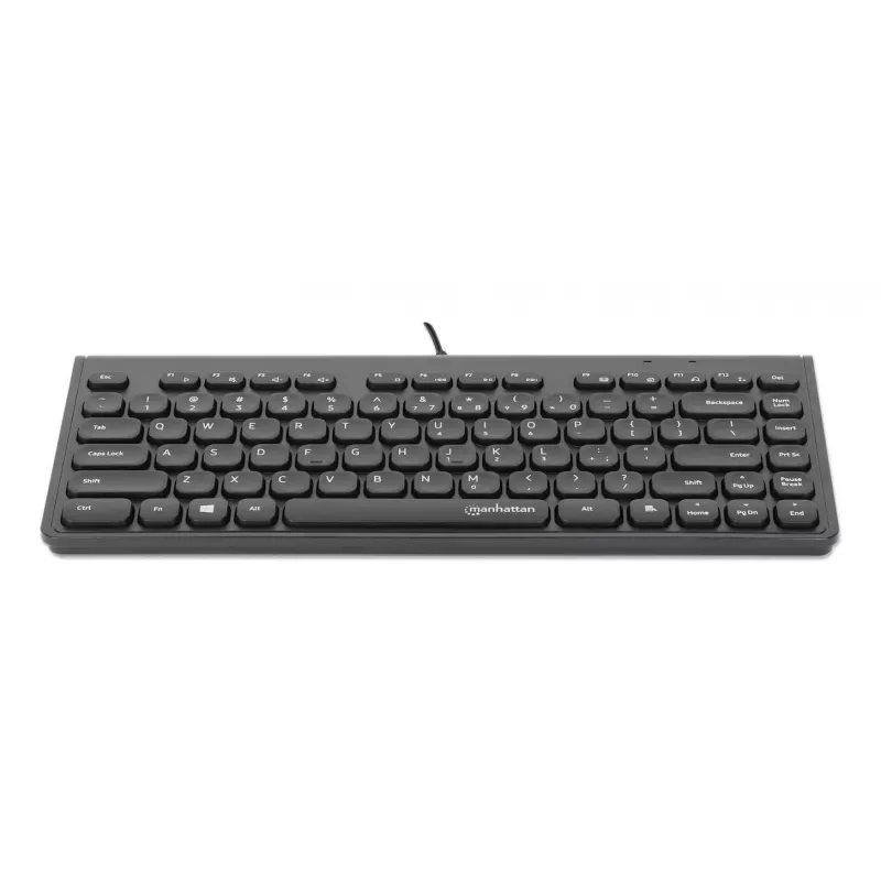 Manhattan Slim Wired USB Mini klaviatūra, 12 multimedijos/funkcijų klavišai, įmontuotas 1,5 m USB-A kabelis, kompaktiškas, žemo profilio formatas, skirta PC ir nešiojamam kompiuteriui, juoda