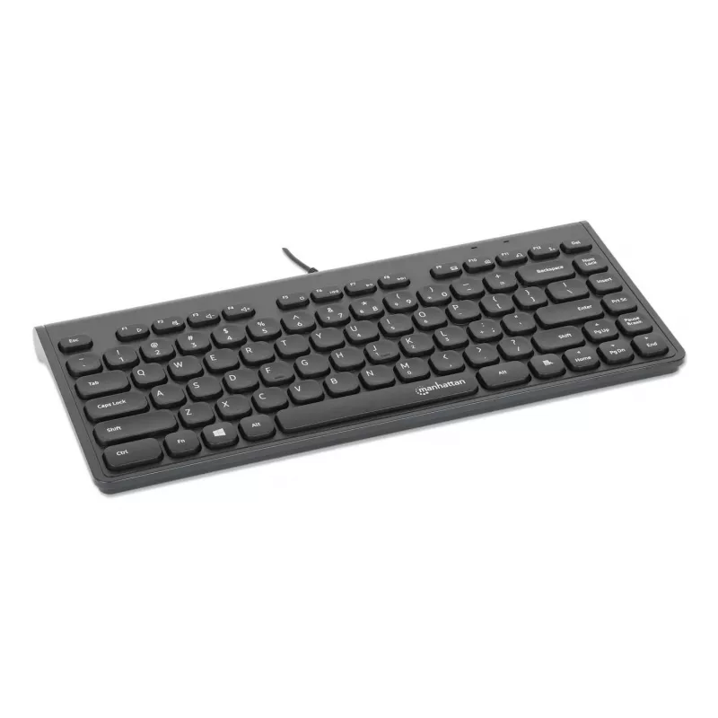 Manhattan Slim Wired USB Mini klaviatūra, 12 multimedijos/funkcijų klavišai, įmontuotas 1,5 m USB-A kabelis, kompaktiškas, žemo profilio formatas, skirta PC ir nešiojamam kompiuteriui, juoda