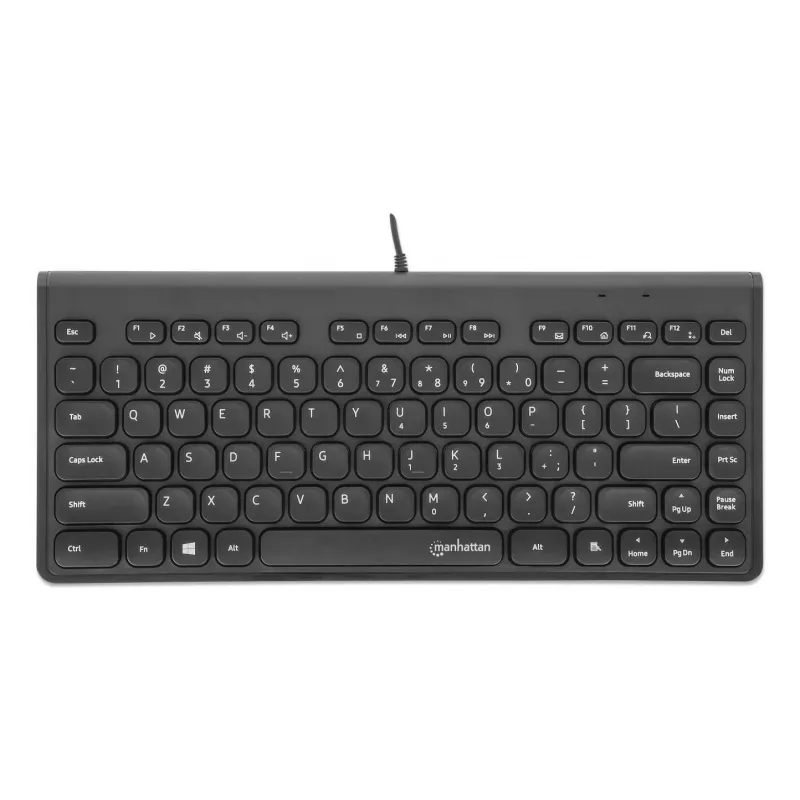 Manhattan Slim Wired USB Mini klaviatūra, 12 multimedijos/funkcijų klavišai, įmontuotas 1,5 m USB-A kabelis, kompaktiškas, žemo profilio formatas, skirta PC ir nešiojamam kompiuteriui, juoda