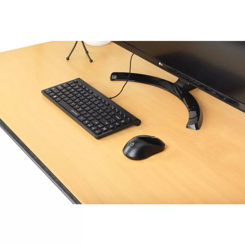 Manhattan Slim Wired USB Mini klaviatūra, 12 multimedijos/funkcijų klavišai, įmontuotas 1,5 m USB-A kabelis, kompaktiškas, žemo profilio formatas, skirta PC ir nešiojamam kompiuteriui, juoda